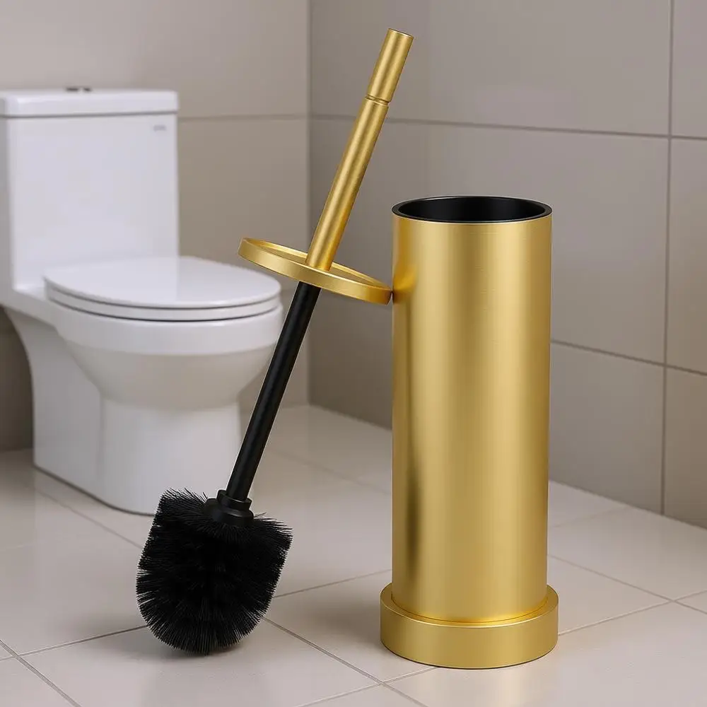 

Набор для унитаза из нержавеющей стали с матовым золотым покрытием: ершик и держатель со съемной чашей и защитой от брызг