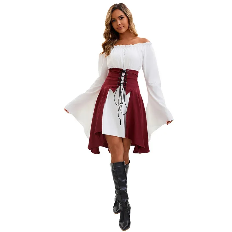 Halloween Medieval Renaissance Long Sleeved Waist Top Pirate Shirt Women's Stage Performance Dress Costume Accessories Cosplay