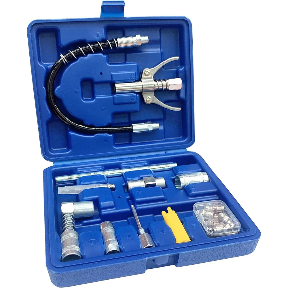

17 Piece Grease Gun Accessory Kit Quick Connect Grease Coupler Set with 90° Adapter 12" Spring Flex Hose for 1/8" NPT Grease