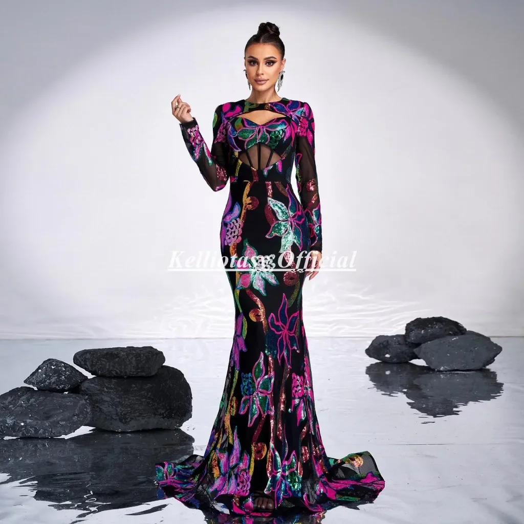 

Customized Celebrity Dress Colorful Sequined lace Long Sleeve Evening Party Dresses For Muslim Women