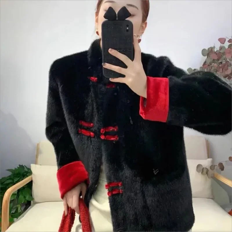 2024 Winter New Chinese style Environmental Protection Fur Imitation Mink Fur Coat Women's Pan Button Tang Costume High end Fur