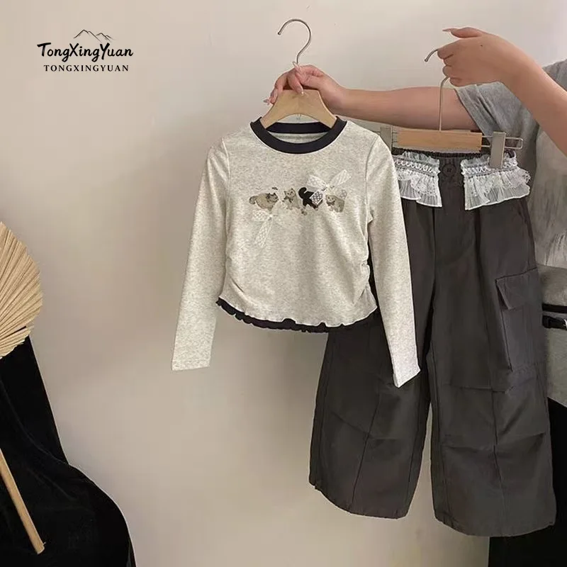 Girls Korean style suit children's spring and autumn clothes baby bow long-sleeved T-shirt butt curtain overalls suit