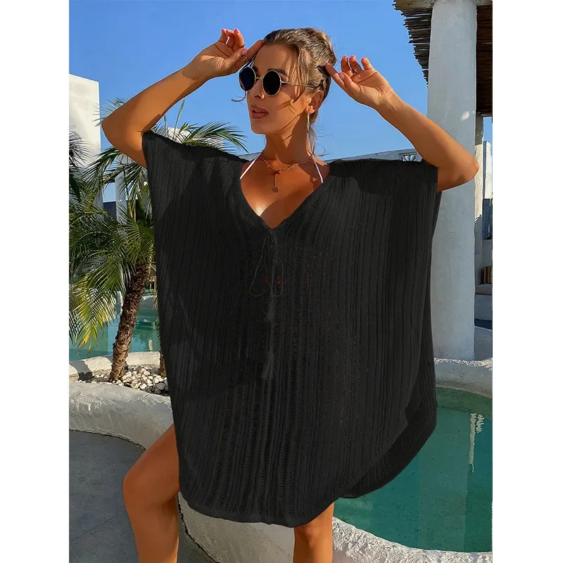 Robe de plage transparente à col en V pour femmes, caftan bohème, tunique ajourée, à la mode