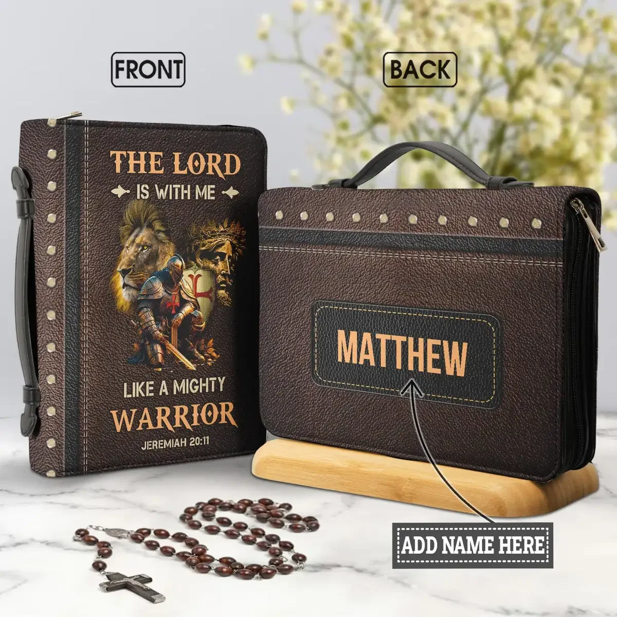 

New Women's PU Leather Bible Bag The Lord Is With Me Like A Mighty Warrior Verse Print Ladies Zippered Bible Cover Case Bolsa