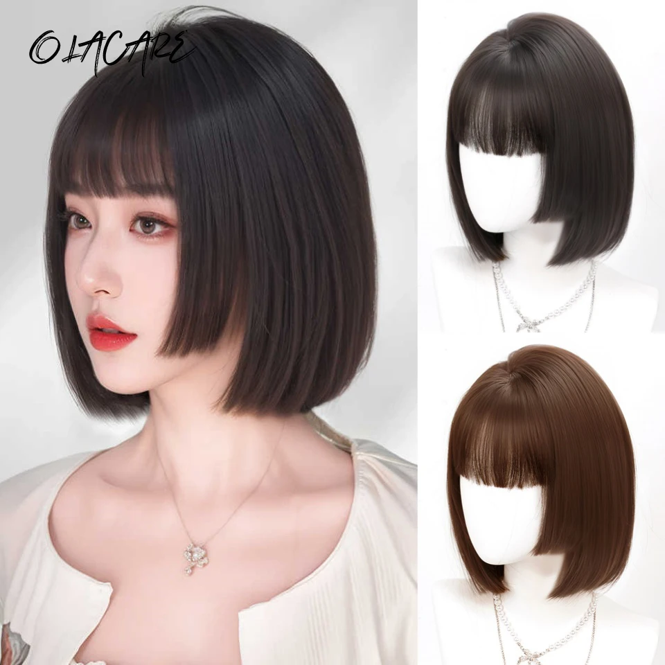 

Short Black Brown Synthetic Hair Wigs Layered Princess Cut Bob Straight Wig with Bangs High Temperature Daily Cosplay Party Wigs