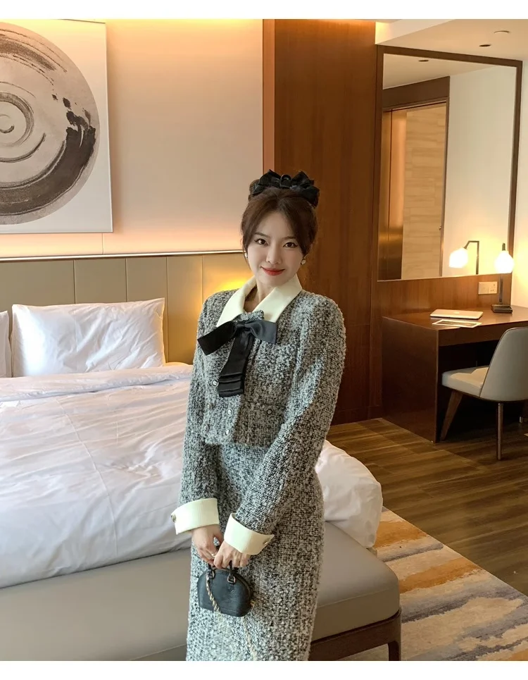 الخريف الفرنسية الراقية أنيقة الاجتماعية القوس تويد معطف قصير عالية الخصر التخسيس تنورة طويلة مجموعة قطعتين مجموعة ملابس النساء