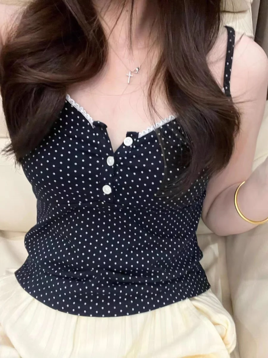 توب قصير بدون أكمام بياقة دانتيل كلاسيكية ونقشة البولكا دوت، ملابس داخلية بخصر مرتفع، توب صيفي بنمط براندي بي إم من مزيج القطن