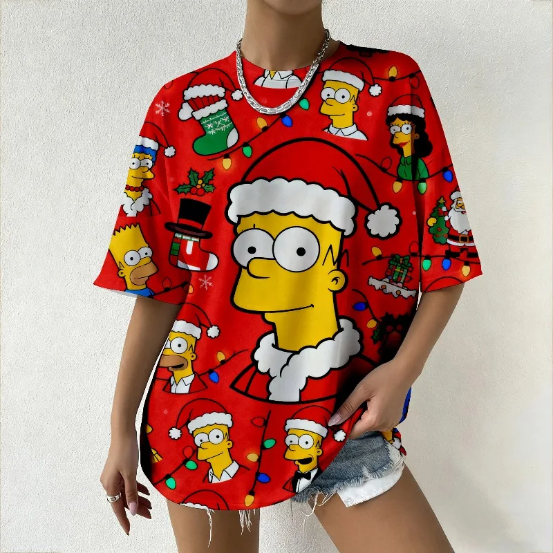 

Women's Christmas The Simpsons Printed Oversized Short Sleeve T-Shirt Casual Street Femalewear Trendy Y2k Clothing Loose Fit Tee