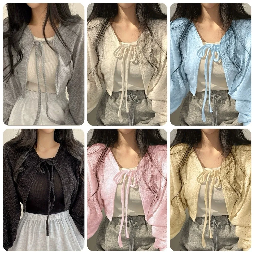 Casual Korean Style Knitted Cardigan Short Lantern Sleeve Raglan Sleeve Knitwear Tops Thin Lace-Up Sweater Shawl Spring Autumn