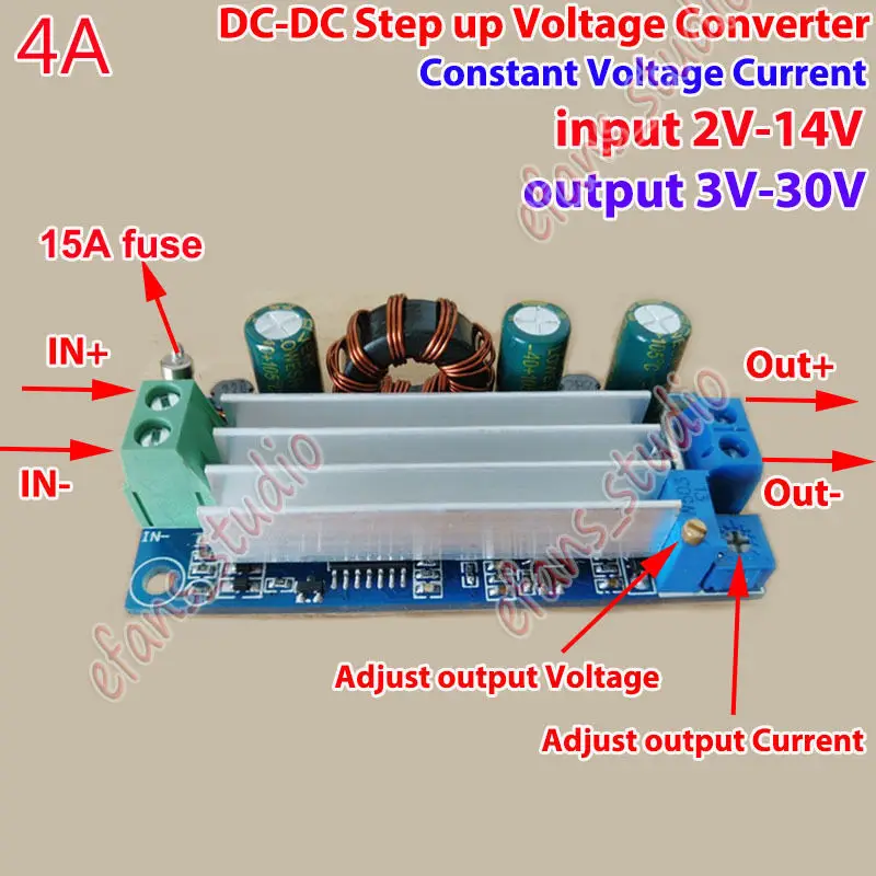 

DC-DC Step Up Boost Converter 2V-14V to 3V-30V 4A CC CV Power Module Adjustable Regulated power supply 3.7V 5V 6V 9V 12V 24V