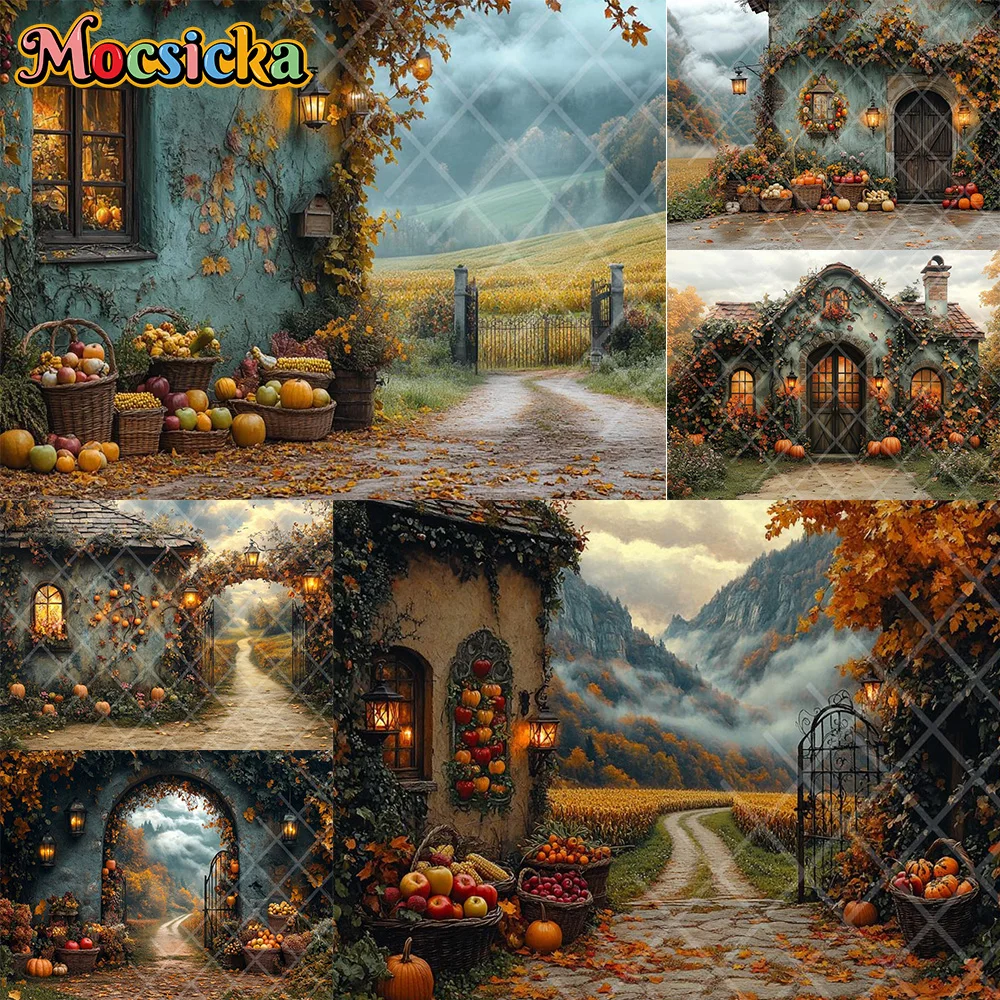 Mocsicka Photography Backdrop Autumn Pumpkin Maple Leaf Decoration Children's Fall Portraits Photo Backgrounds For Photographs