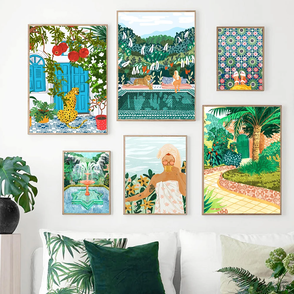 Piscina de playa, pradera de la selva Tropical marroquí, cuadro sobre lienzo para pared, carteles e impresiones, imágenes de pared para decoración del hogar y la sala de estar