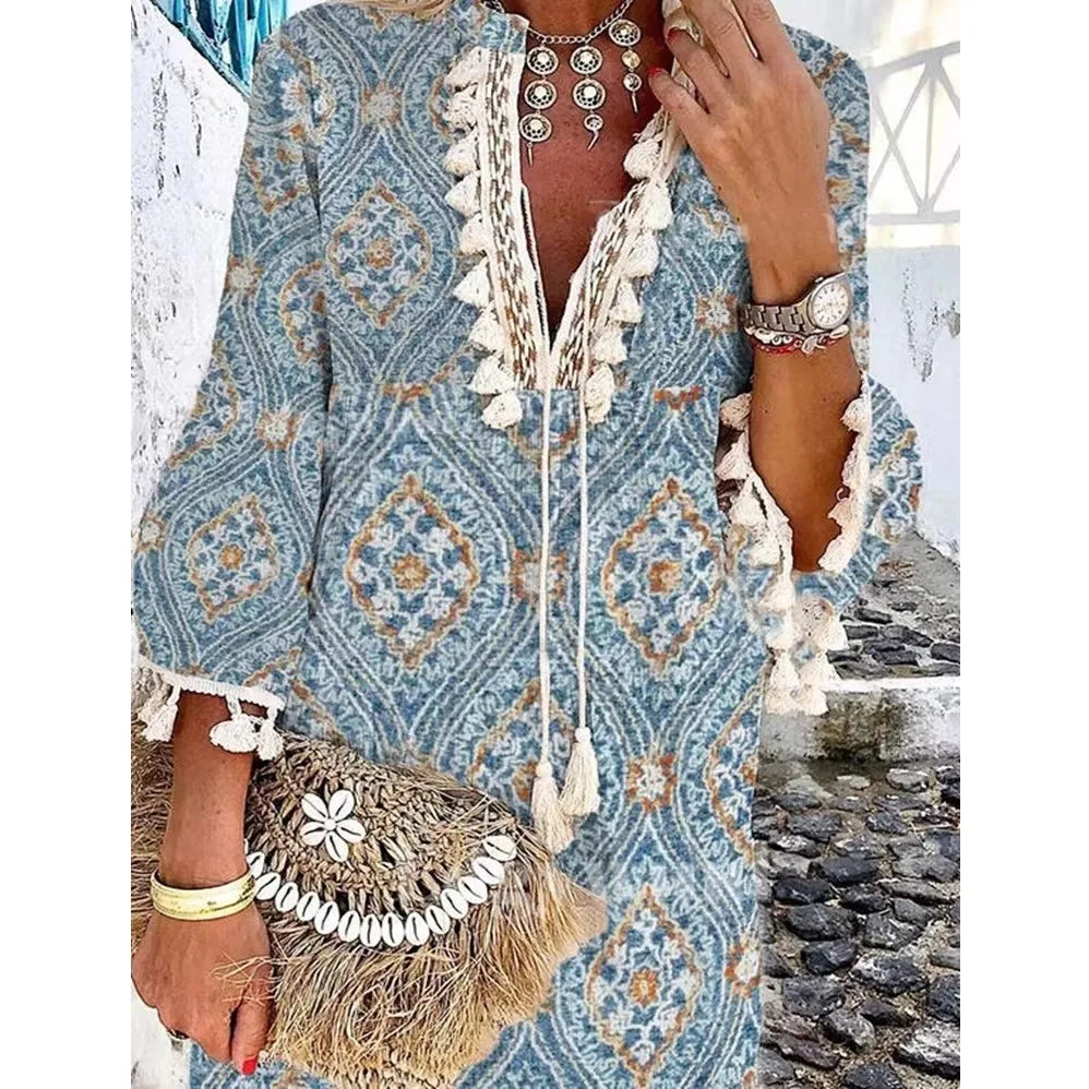 Bohemian V-Neck Printed Dress, Lace-up Fringe, A-line Skirt, European and American, Autumn, New