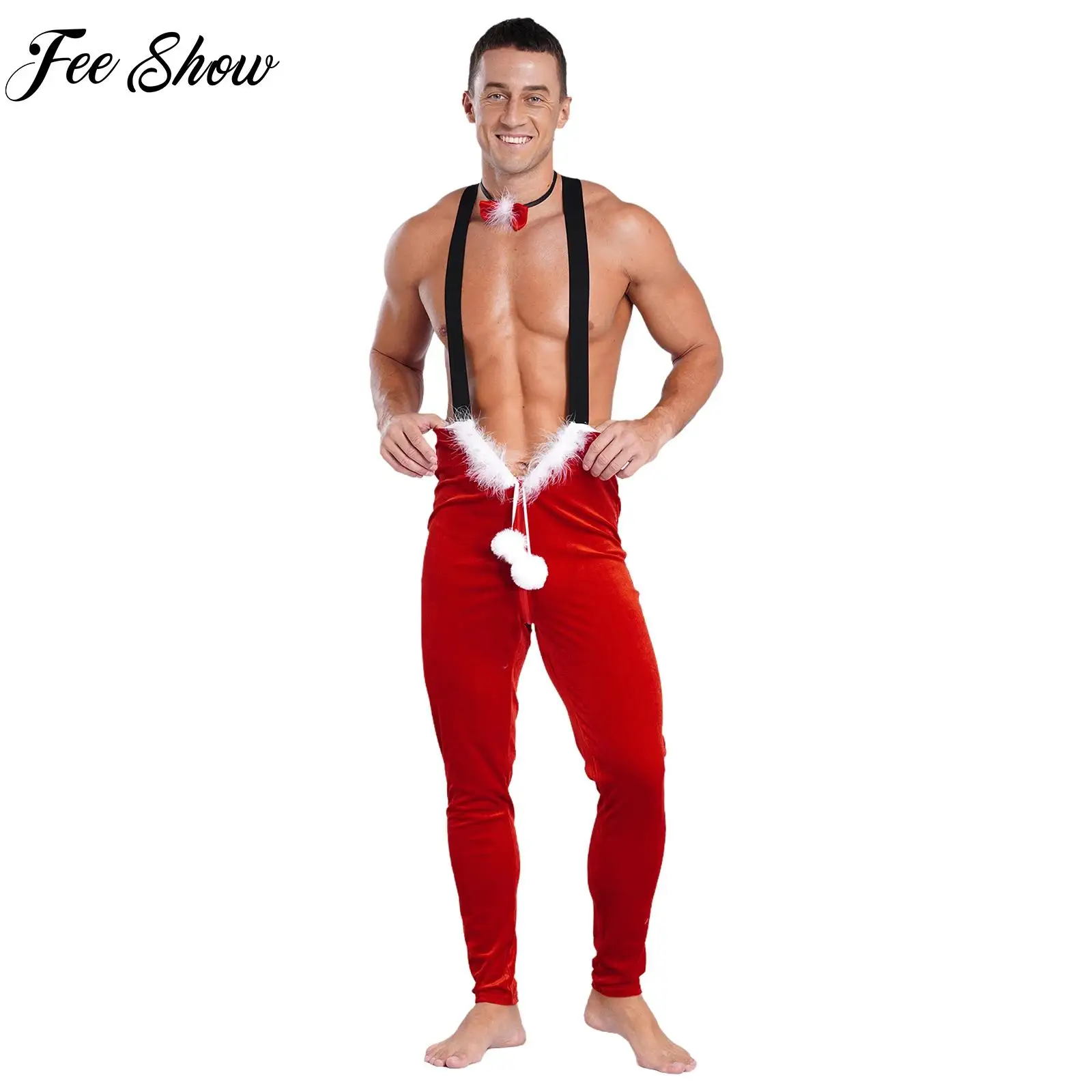 

Men Red Christmas Santa Claus Cosplay Party Costume Plush Ball Zipper Strap Jumpsuit+Bowknot Neckband for Performance Club Wear