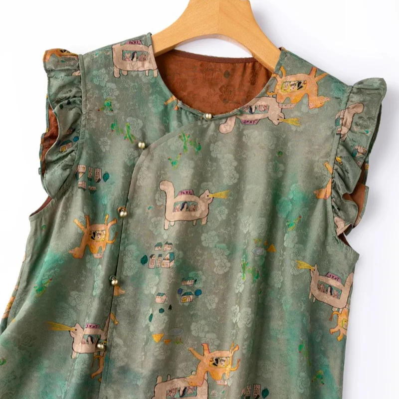 Birdtree, 100% Real Silk Jacquard Satin Tshirt, Slant Opening Tops, Women's Xiangyunsha Print Shirt, 2026 Summer New T68704JF