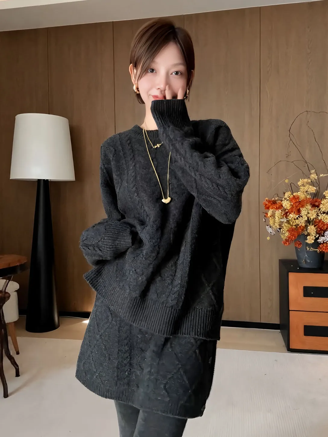 plus Size Knitted Sweater And Half Skirt Set High Grey Diamond Twist Korean Style Complete Autumn Fashion Women's Ensemble