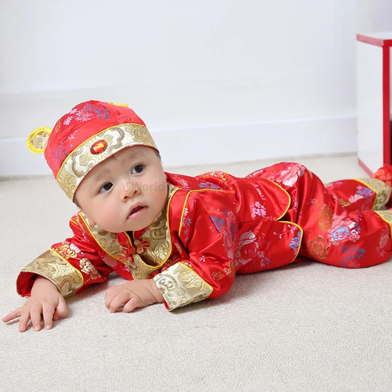 Boys and Girls Suits Hat Embroidery Clothing Chinese Style Tang Suit Baby One Year Old Dress Cosplay 100 Days of Infants Red