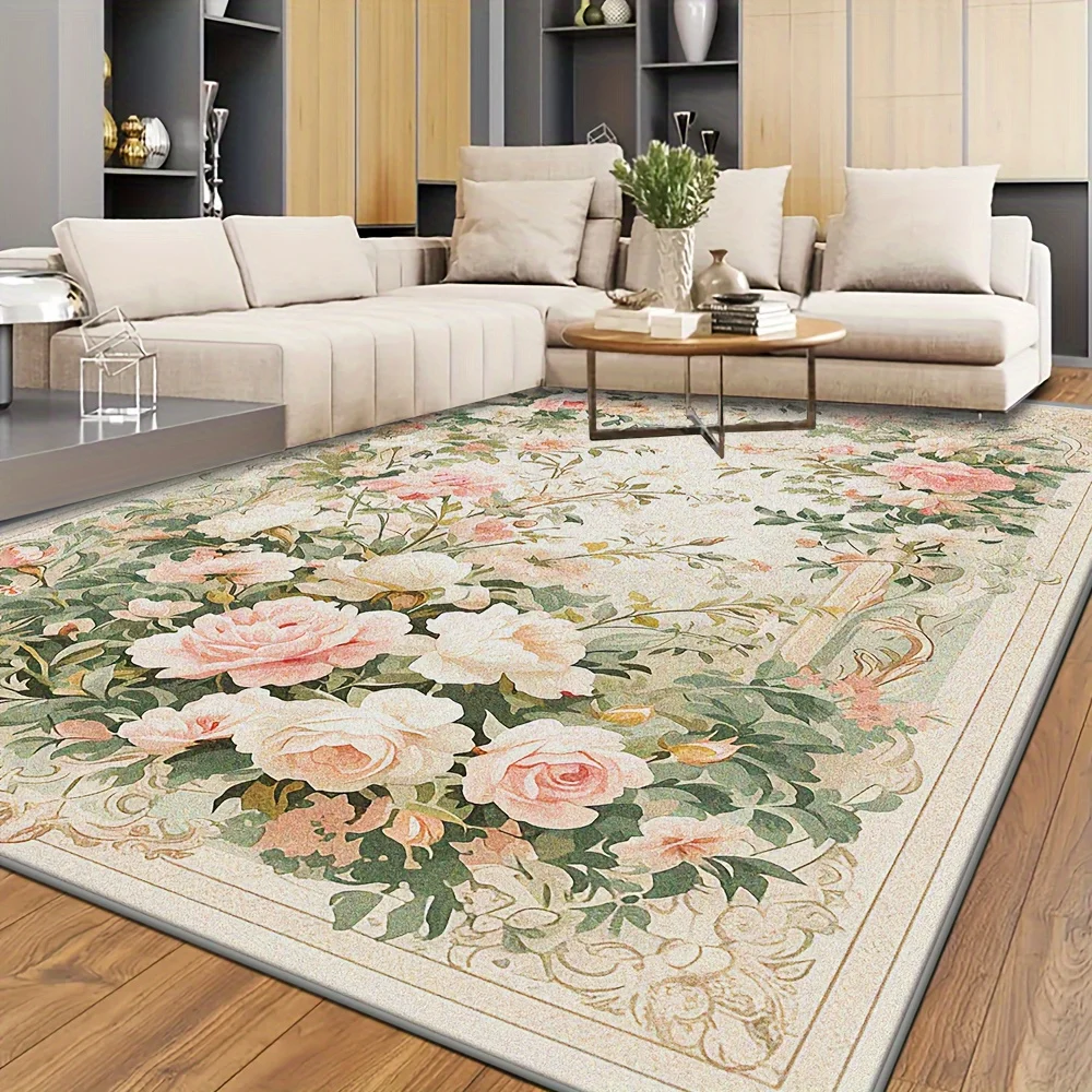 VIKAMA Vintage Rose Floral Area Rug Elegant Pink Flower Border Print Non‑Slip Washable Soft Carpet for Living Room Home Decor