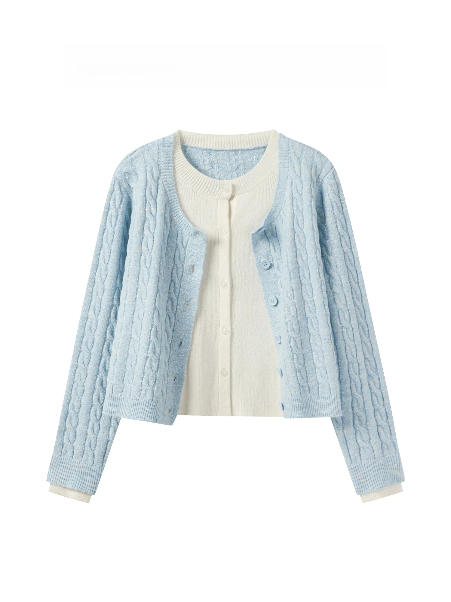 

New 103 Women's Short Knitted Cardigan round Neck Sweater Outerwear Fake Two-Piece Style Autumn Fashion Slim Fit Cotton Blend