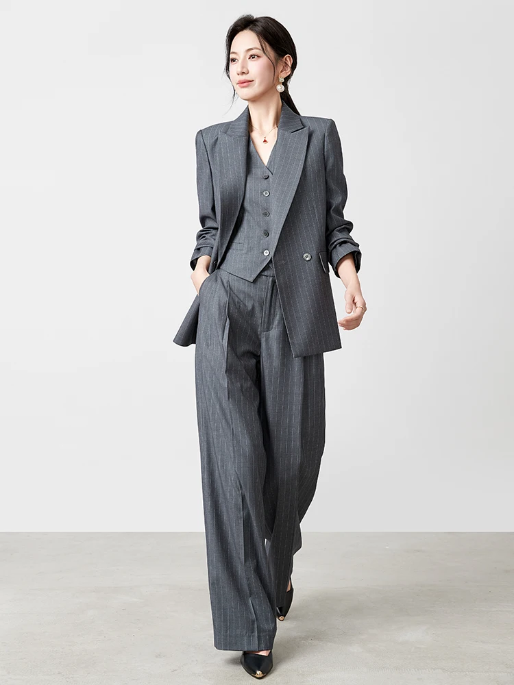 

Осенне-зимний полосатый костюм-двойка: свободные брюки с широкими штанинами и топ, женский комплект для офиса, из полиэстера, для собеседований