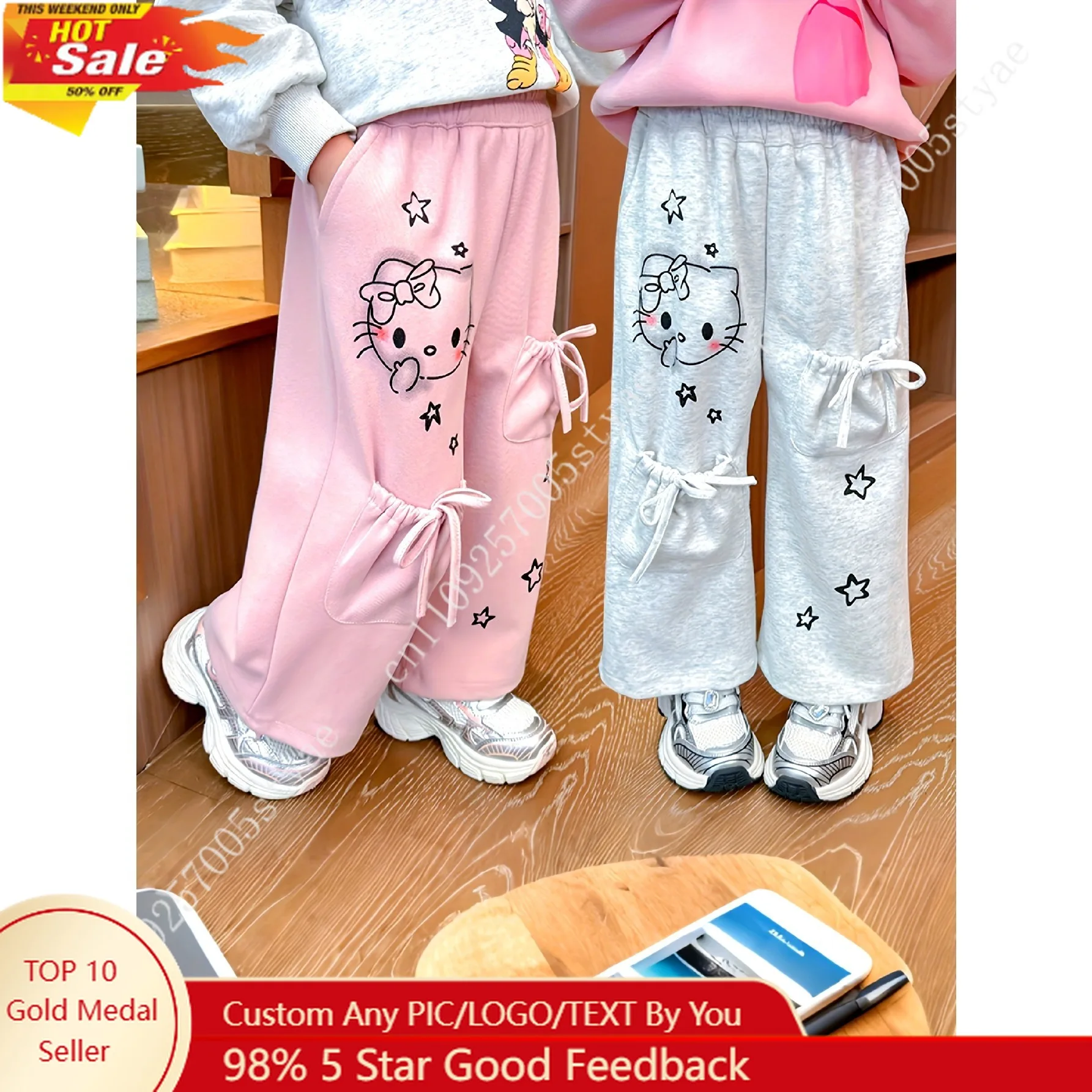 Sanrio Hello Kitty Girls Casual Pants Cute Cartoon Print Soft and Comfortable Fabric Drawstring Design Elastic Waistband