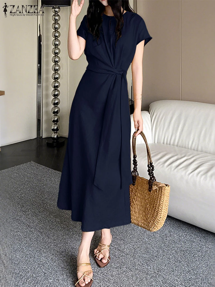ZANZEA Letnie Sukienki Koszulowe Damskie Długa Sukienka Letnia z Bandżem Twist 2025 Elegancka Krótki Rękaw Dekolt O-Neck Codzienna Midi Vestidos Koreańska Szata