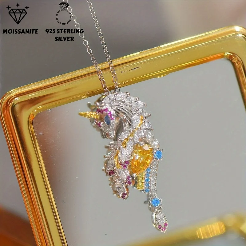 1pc 1Carat Yellow Moissanite Unicorn Pendant - Luxurious 925 Sterling Silver Necklace, Perfect for Women's Birthday Gifts.