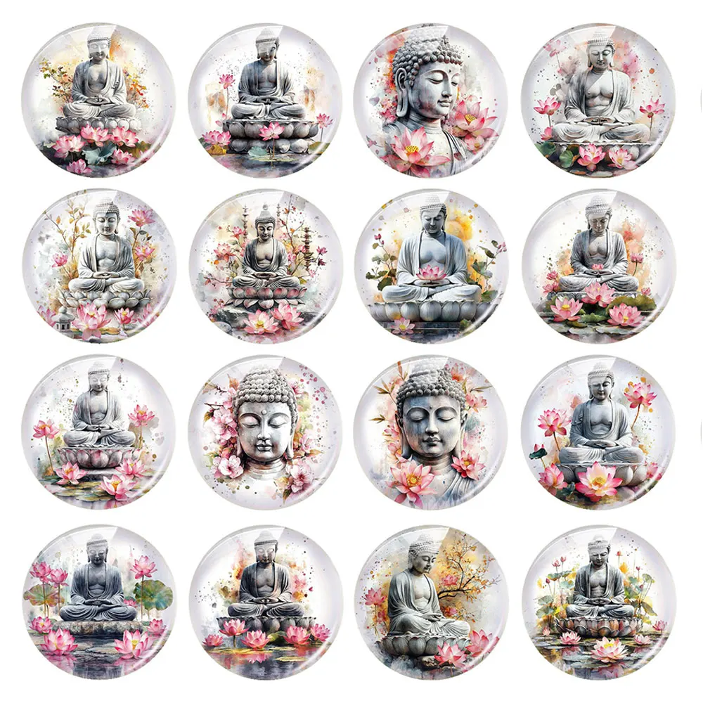 Random Mixed Round/Oval/Square Ink Wash Buddha Lotus Religious Photo Glass Cabochon Flatback Demo Cameo For Diy Jewelry Making