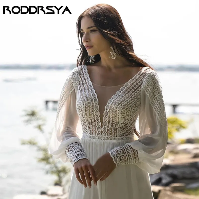 RODDRSYA-Robe de mariée trapèze en mousseline de soie pour femme, élégante robe de patients en dentelle, sur mesure, manches bouffantes, style bohème, 2024 Boho A ligne robe de mariée Femme en neige à manches lâches ve