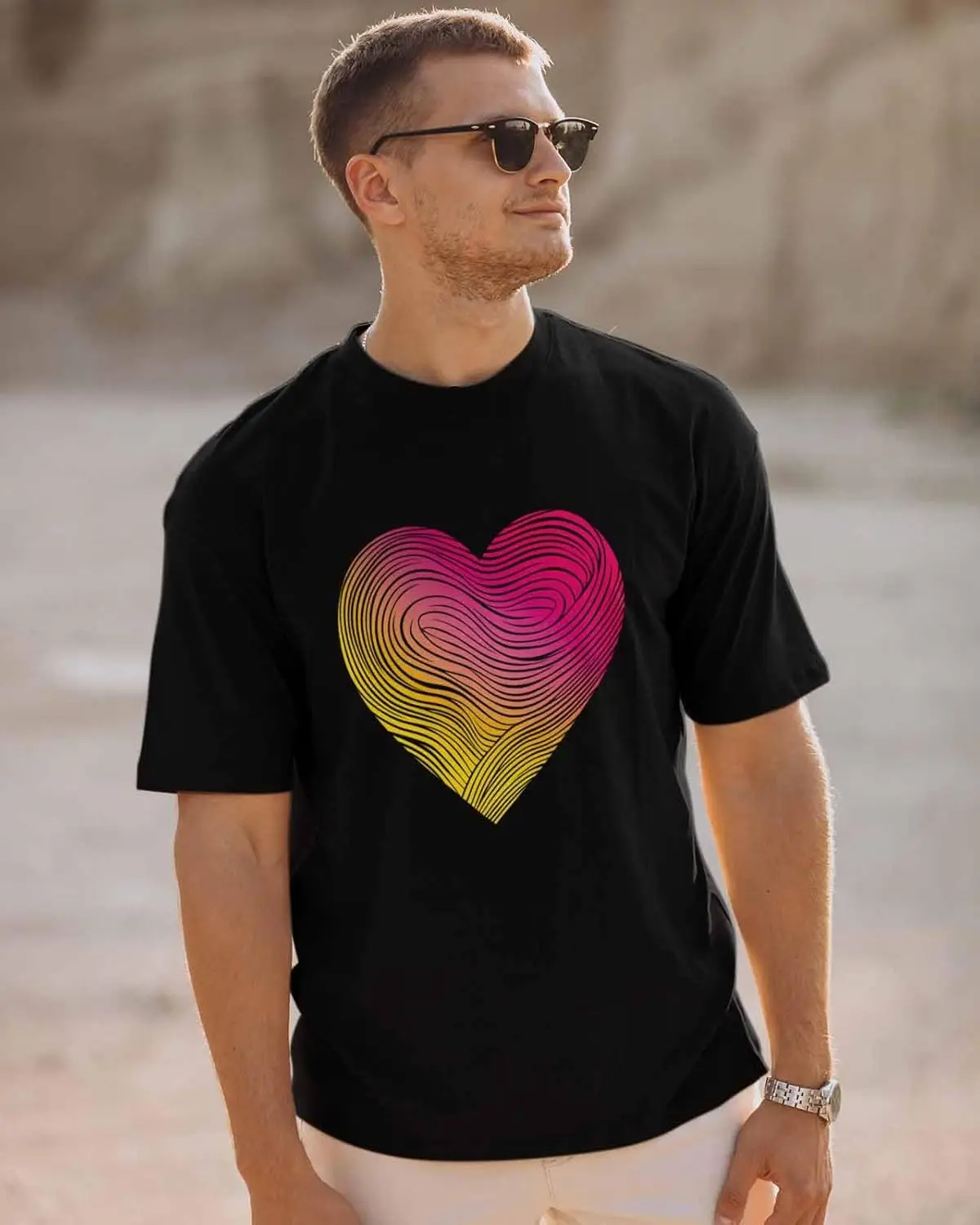 Men's T-Shirt, Novelty Graphic T-Shirt Colorful Lines Ombre Gradient Heart Cotton Crew Neck Men's Short