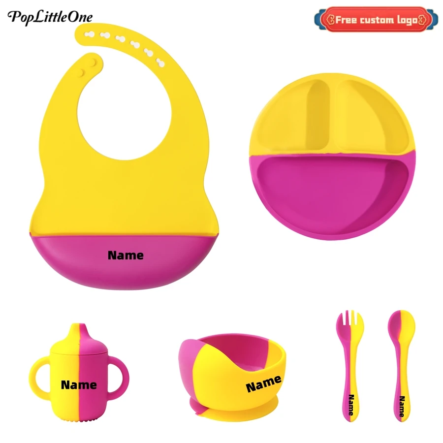 

Personalized Name 6PCS Silicone Feeding Set Baby Dishes Plate Bib Suction Bowl Portable Spoon Fork Sippy Cup Baby Stuff