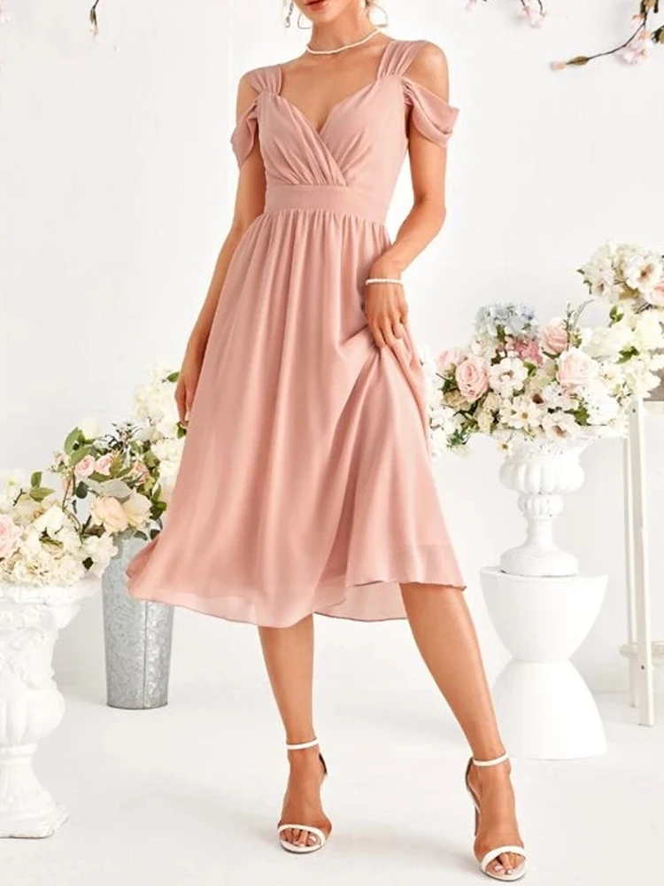 

Pink Bridesmaid Dresses Cold Shoulder V-Back Ruched Chiffon Wedding Guest Dresses for Women vestido de fiesta de boda