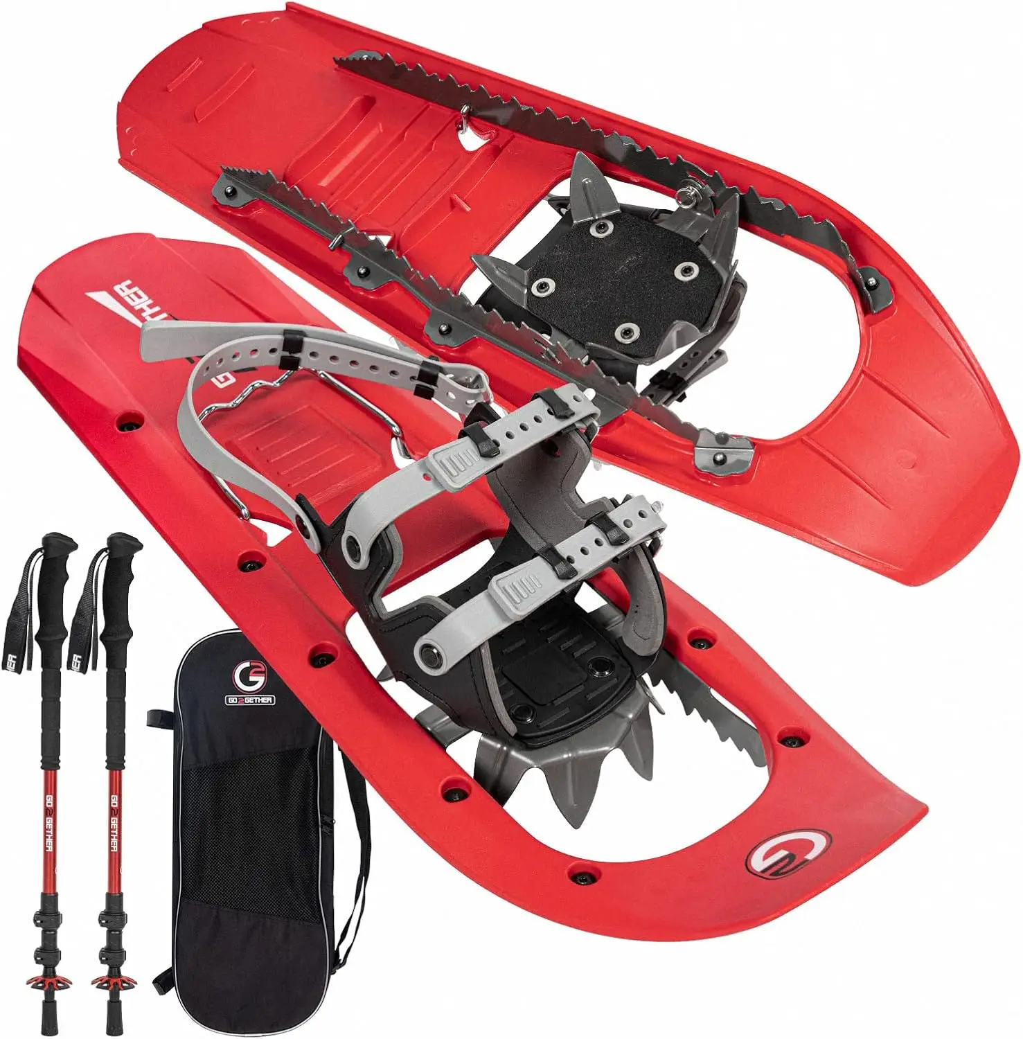 

23/25/30 Inch Mountain Snowshoes with Poles, Steel Rails, EVA Foam, Flexible Pivot, Tote Bag, Grey/Blue/Red