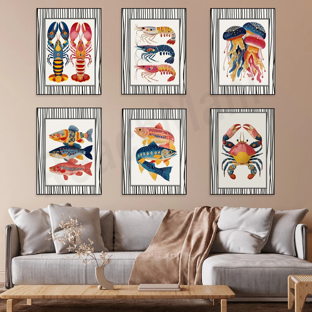 Posters featuring brightly colored crabs, lobsters, jellyfish, fish, seaweed, nautical seafood illustrations, and marine life.