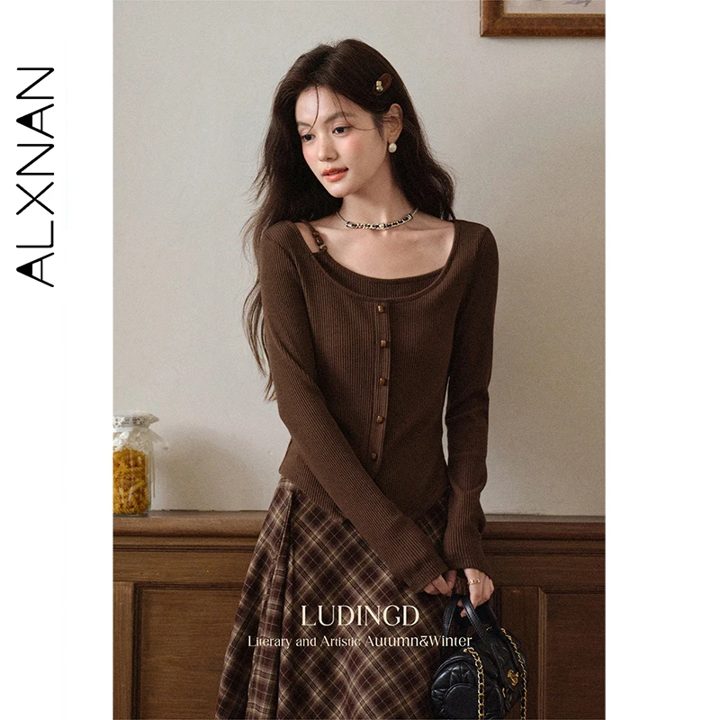 ALXNAN المرأة الخريف سترة 2025 البني خمر أنيقة بلوفر مغزول كاذبة طبقتين طوق غير المتماثلة هيم تريكو L569116 #2