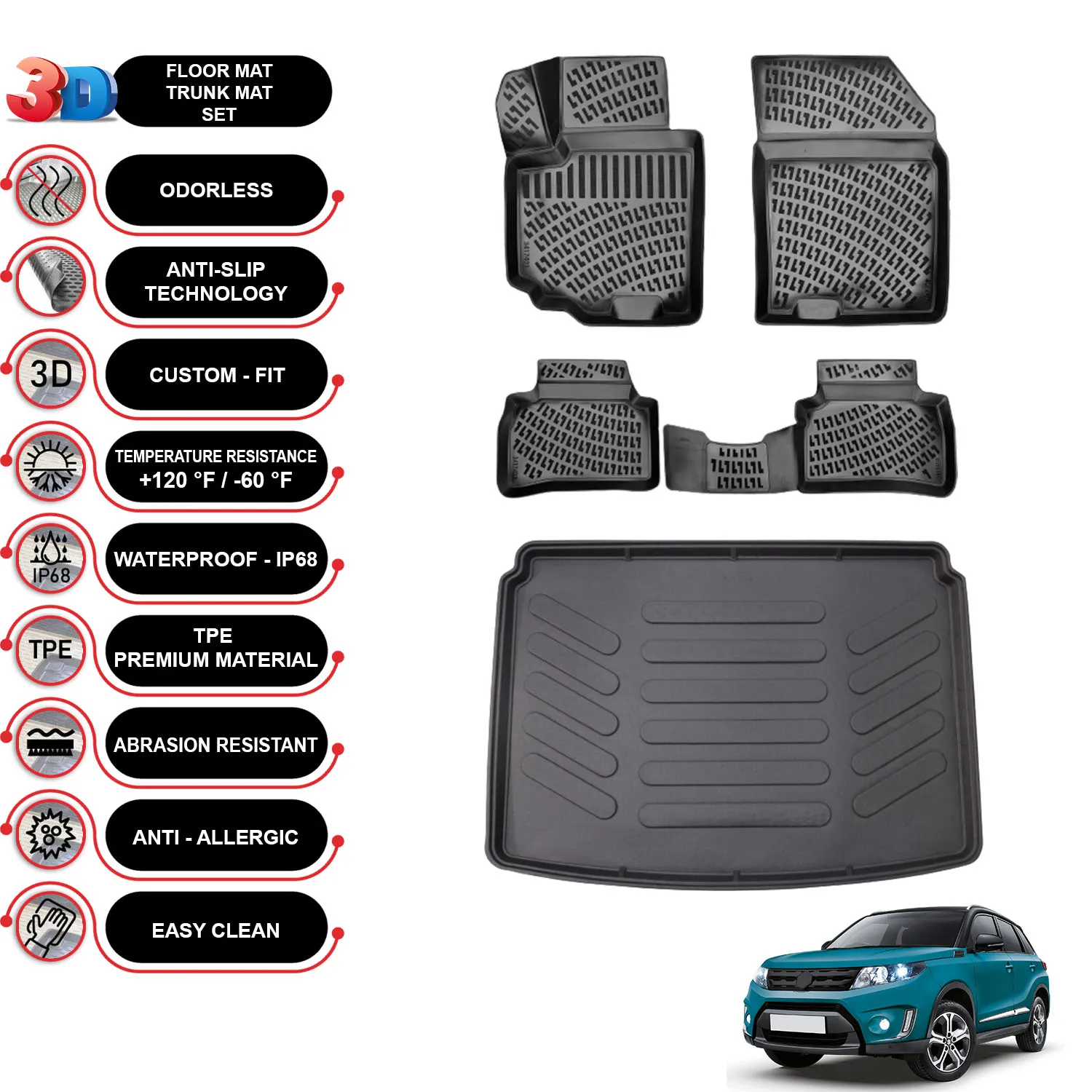 Suzuki Vitara - (2015-2022) -maty podłogowe + Cargo Trunk Liner - SET-(czarny)