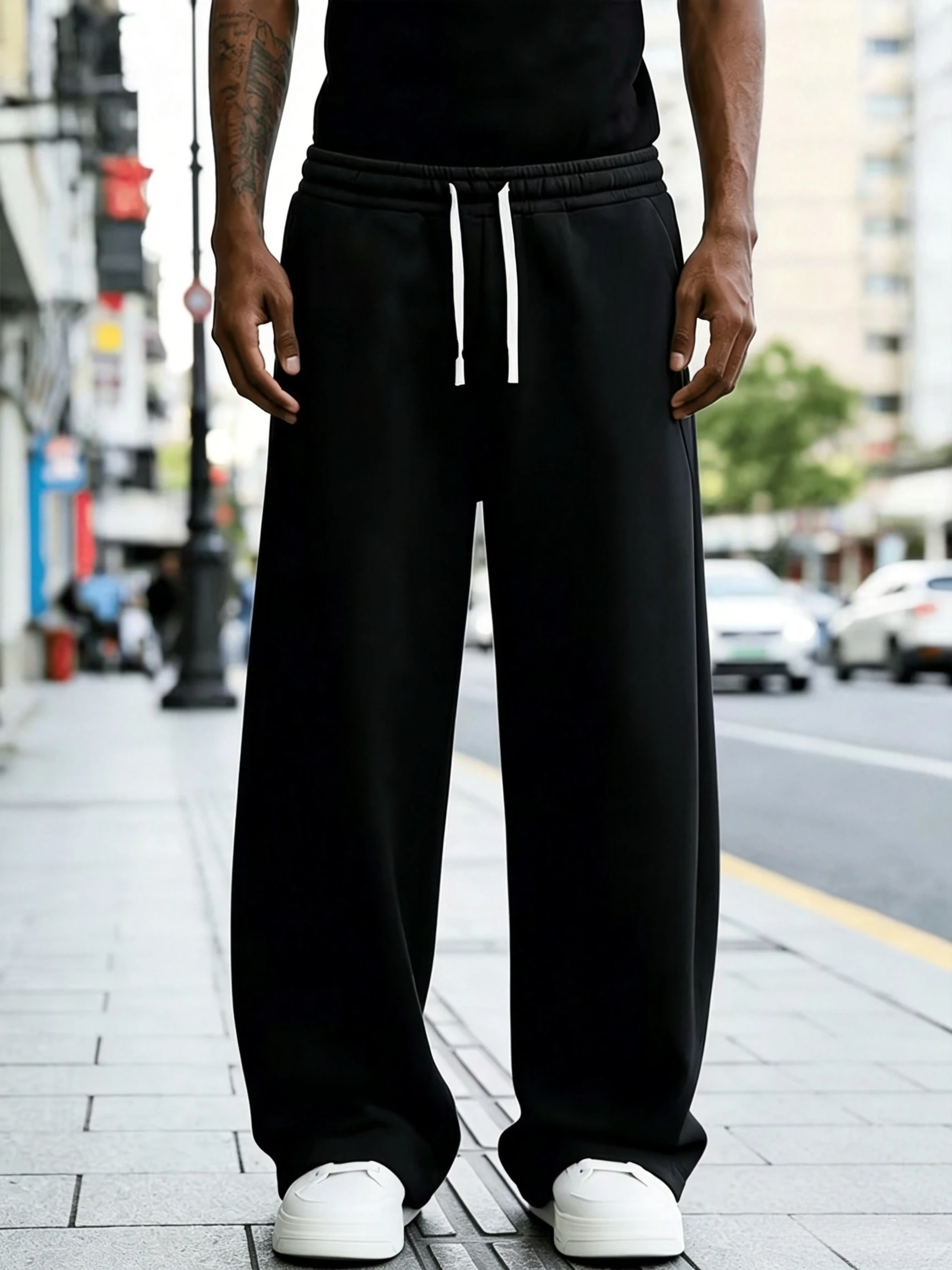 Men's Retro Deconstructed Wide-Leg Sweatpants Autumn Loose Fit Elastic Waist Simple Casual Style Solid Color Casual Pants