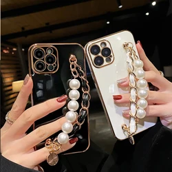 Luxury Plating Pearl Bracelet Phone Chain Soft Case For Samsung S24 S25 S23 S22 Ultra S21 S20 Plus S21FE S24FE A03 Glitter Cover