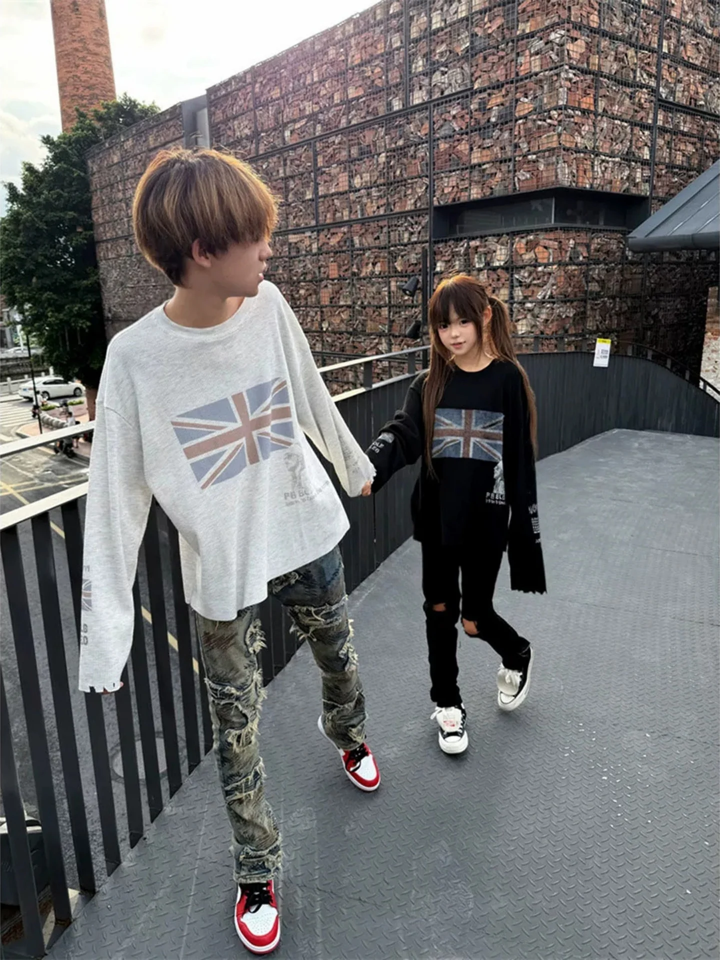 Retro Street Flag Print Long Sleeve T-Shirt Men's Loose Base Layer Inner Wear American Style Youth Fashion Workwear Spring