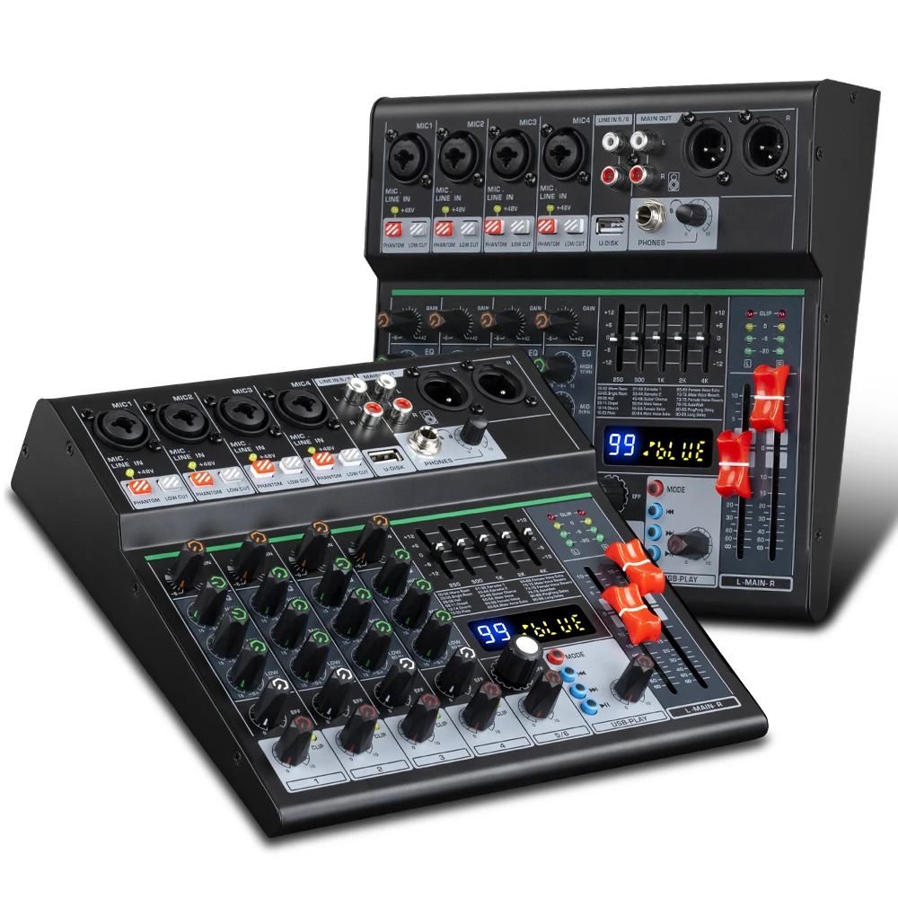 Professional DJ Party Music 6 Channel Audio Mixer Console With Bluetooth USB 99DSP Effect OTG To Computer Phone  Recording