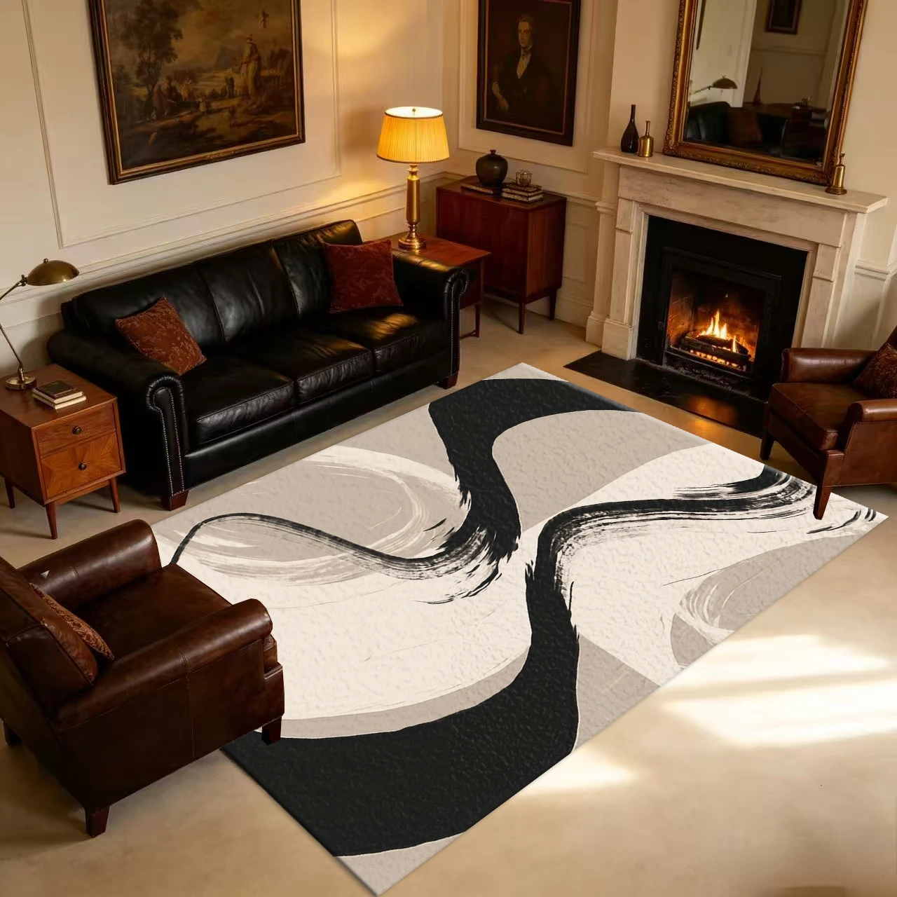 Ink Wash Abstract Art Carpet Flooring, Chinese Style Brush Stroke Area Rug for Contemporary Home Decor
