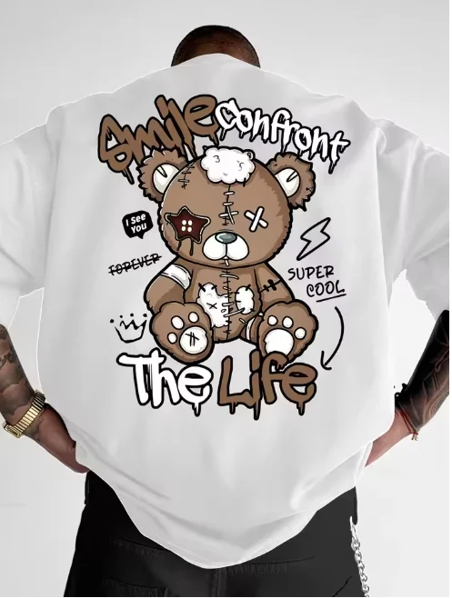 Summer New Men's Fashion Style Teddy Bear Letter Print Comfortable and Breathable Round Neck T-shirt Outdoor High Street Top Dry