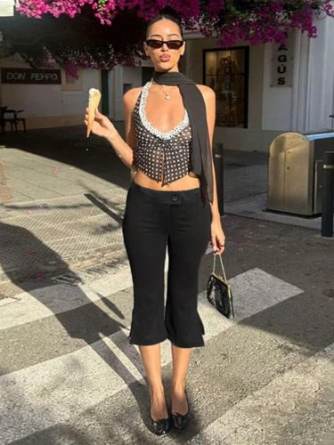 Imagen 2 del producto Pantalones Capris negros acampanados para Mujer, ropa Y2k, Pantalones ajustados, Pantalones De Mujer con cremallera, ropa femenina, ropa De calle