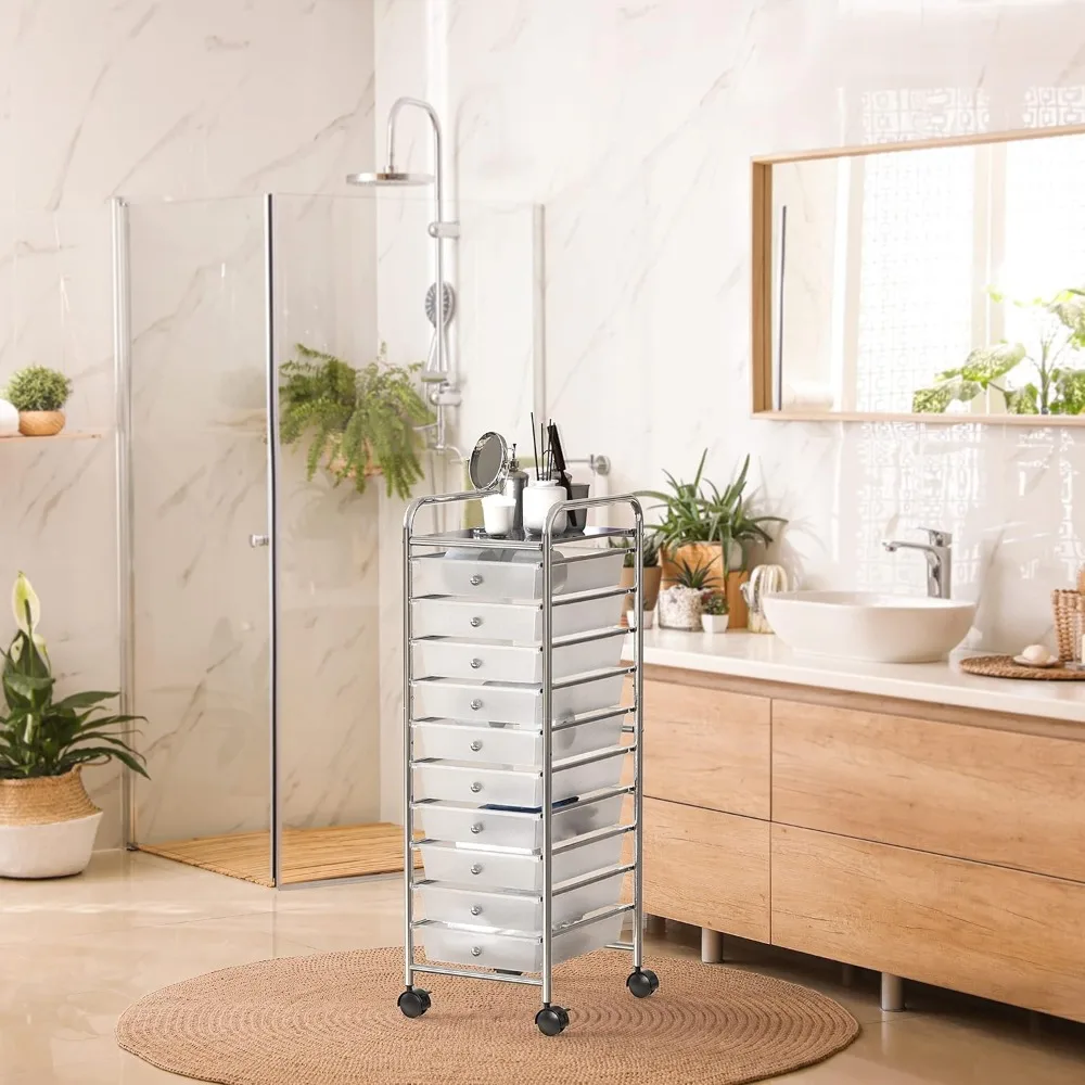 รถเข็นเก็บของแบบมีล้อ 10 ลิ้นชัก พร้อมล้อล็อคได้ สำหรับจัดระเบียบงานศิลปะและงานฝีมือ สีโครเมียม