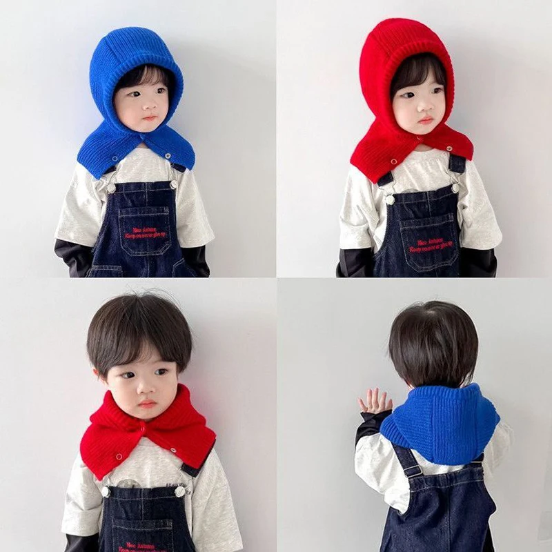 

Winter Warm Kids Balaclava Hat Children Knit Scarf Pullover Cap 4-12year Baby Hooded Beanie Ear Protection Cap Woolen Headgear