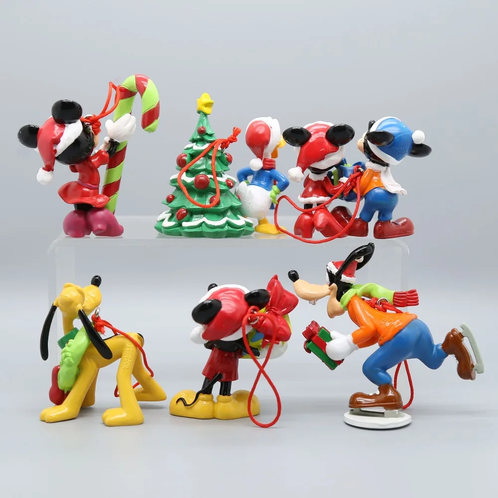 6pcs Christmas Mickey Minnie Mouse Kawaii Figure Doll Toys Desktop Ornament Anime Fashion DIY Cake Decoration Holiday XMAS Gifts