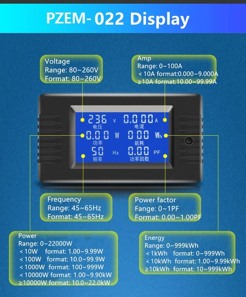 AC 6 in1 220V 80V ~ 260V 100A jednofazowy cyfrowy amperomierz energii woltomierz mocy Volt wat Kwh współczynnik miernik CT CT