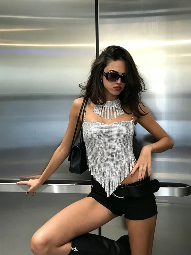Fashion Metal Sequins Tassel Tank Top With Choker 2 Pcs Set Sexy Backless Bandage Hollow Sheer Camisole Party Club Crop Tops