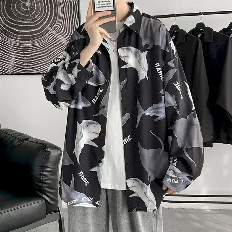 

Japanese ice silk women shark print shirt long-sleeved summer jacket sun protection clothing chic couple wear Hawaiian blouse