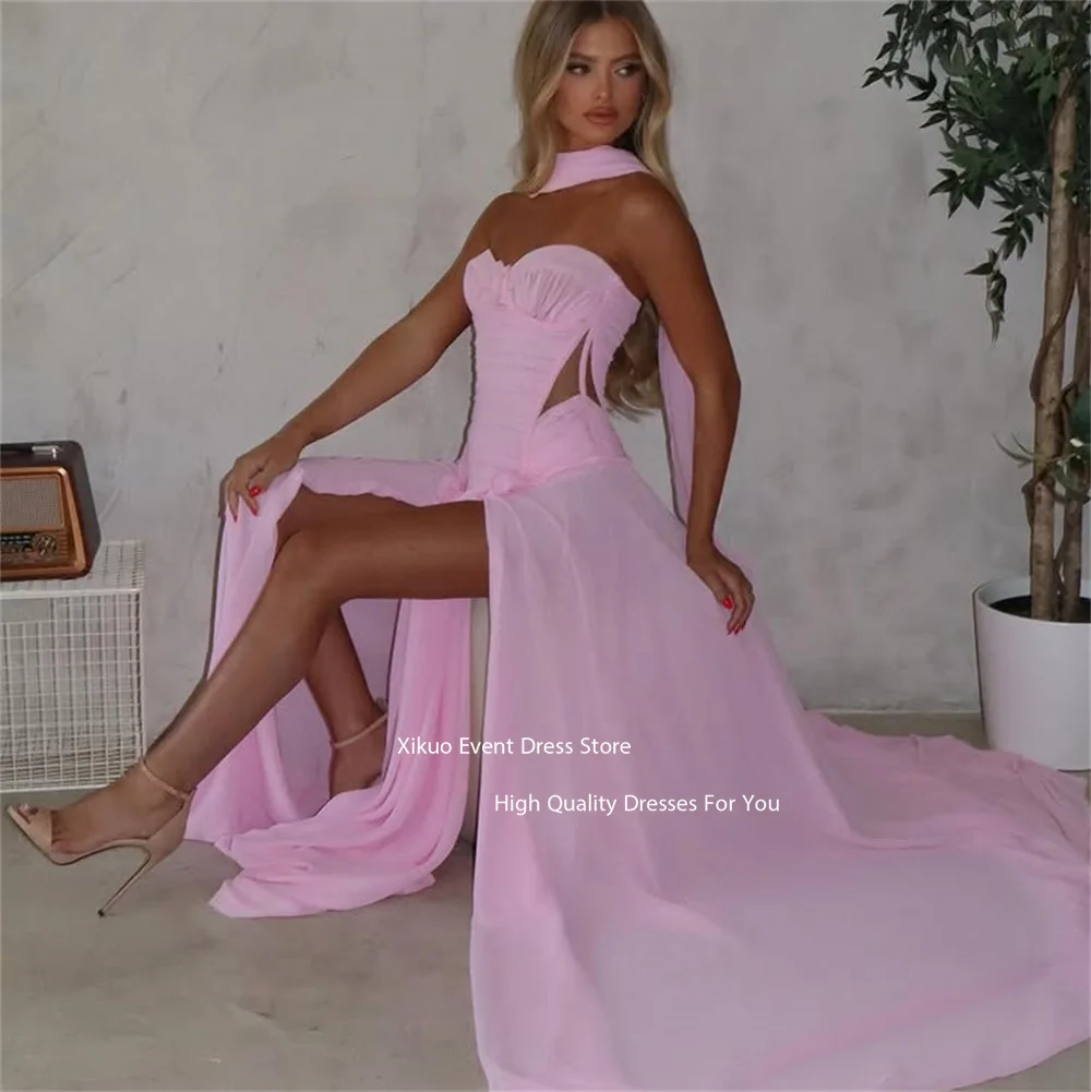 Xikuo ピンクシフォンイブニングドレスハイスリットリボン恋人ローブ夜会ファムエレガントなロングパーティードレス女性カスタマイズ